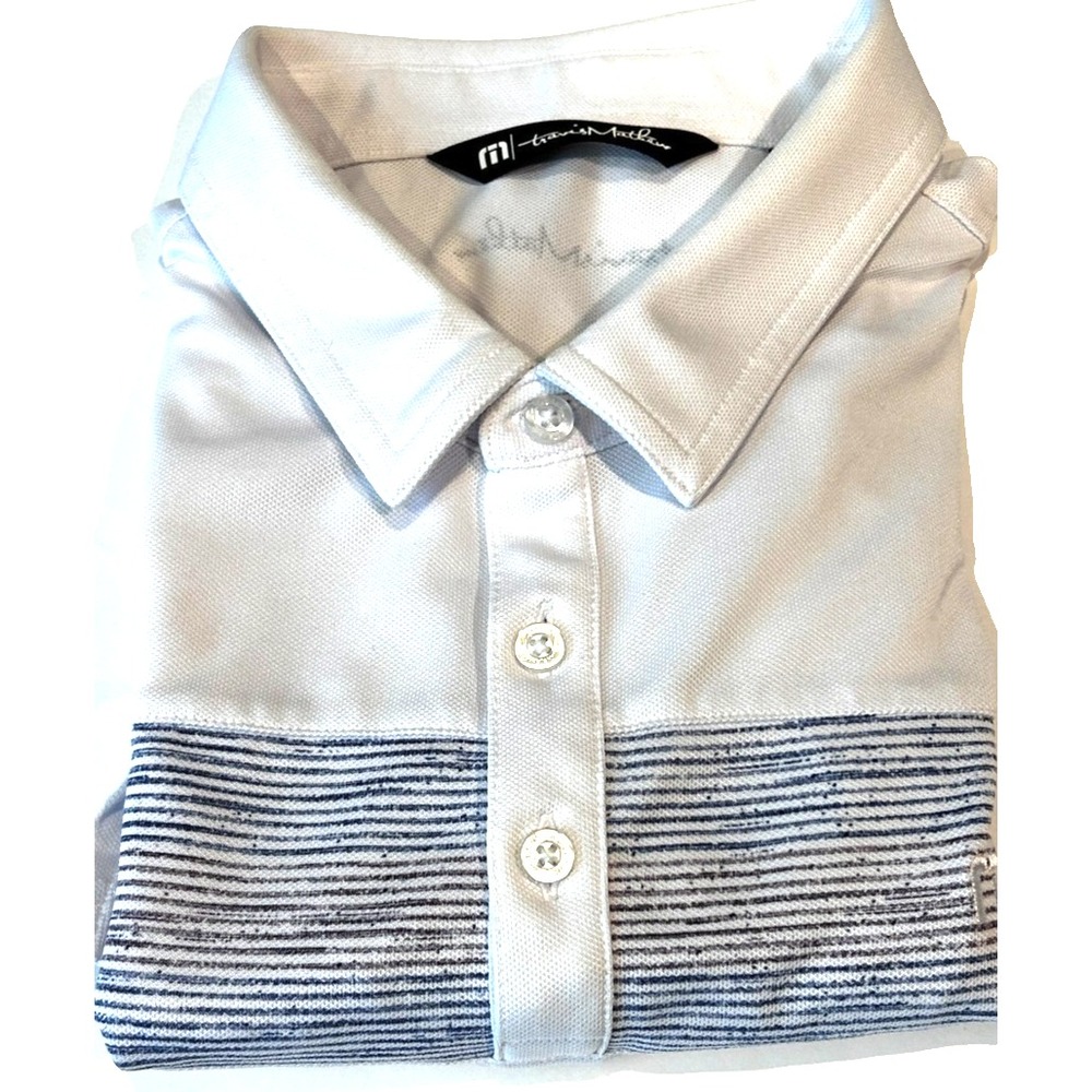 Travis Mathew Men's Performance‎ Golf Polo Shirt XL White blue purple stripes